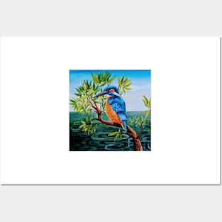 Kingfisher in a willow branch Posters and Art